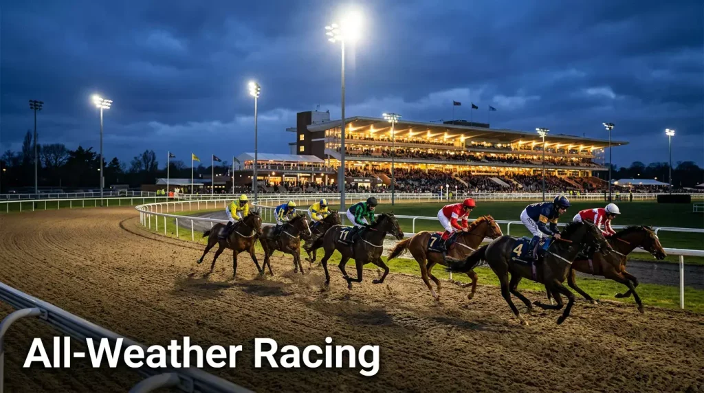 Horses racing on an all-weather synthetic track surface under floodlights at a UK racecourse