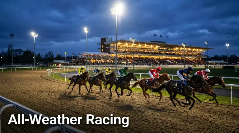 Horses racing on an all-weather synthetic track surface under floodlights at a UK racecourse