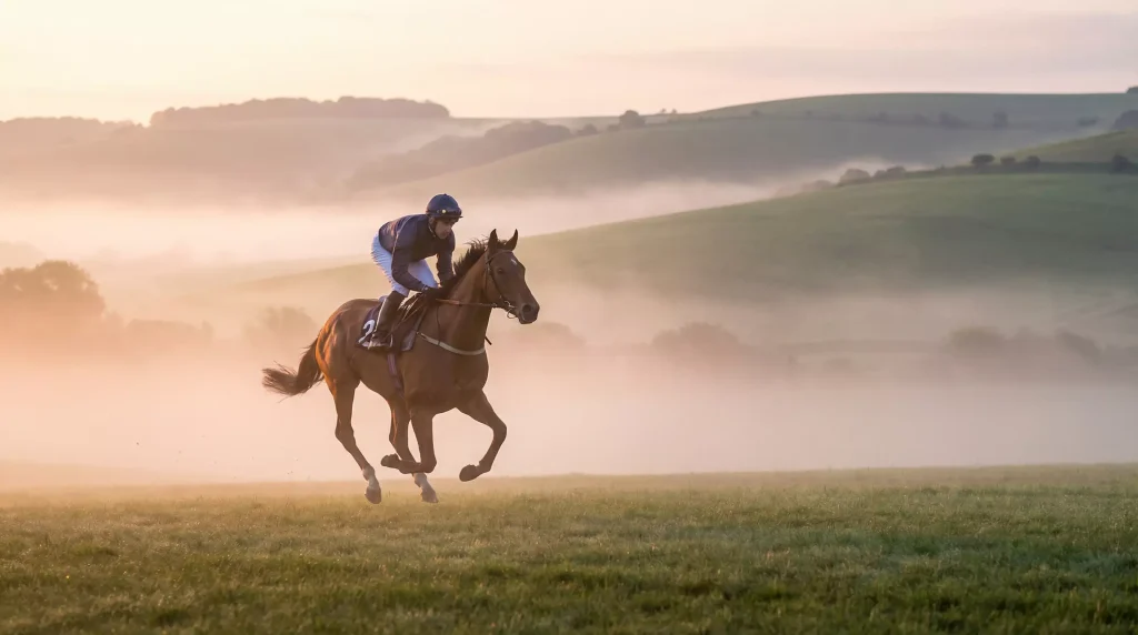 Thoroughbred horse training on misty gallops at dawn symbolising early ante-post betting