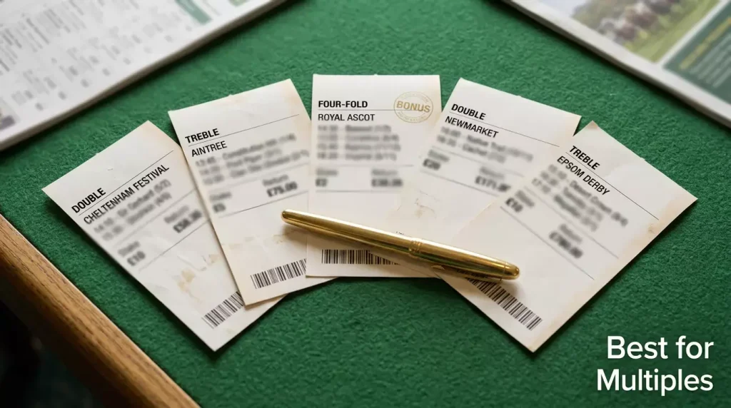 Multiple betting slips fanned out on a green surface showing different horse racing accumulator selections