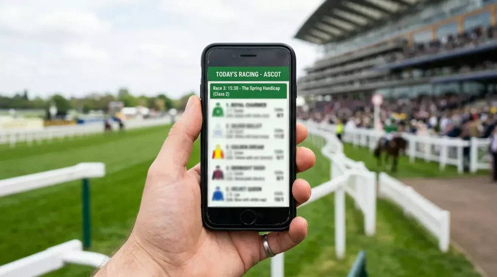 Best horse racing apps UK — hand holding a smartphone showing a live racecard