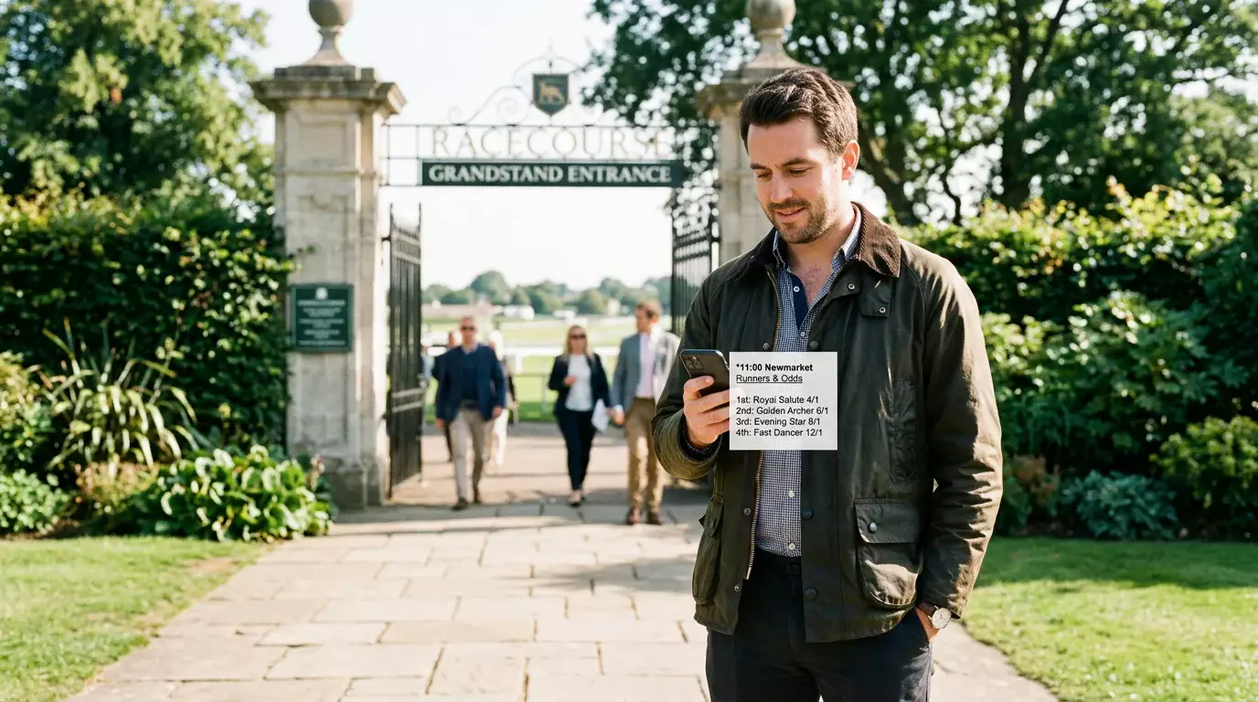 Punter checking early morning horse racing prices on a smartphone at a racecourse entrance