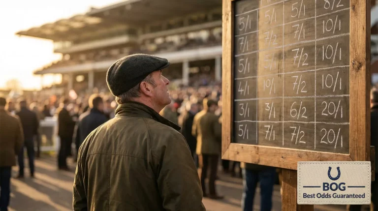 Punter studying horse racing odds on a bookmaker board at a UK racecourse with Best Odds Guaranteed badge