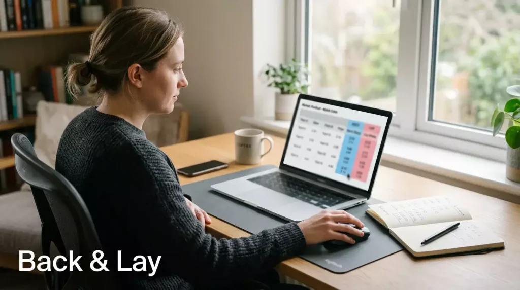 Person using a laptop to place a lay bet on a horse racing exchange platform