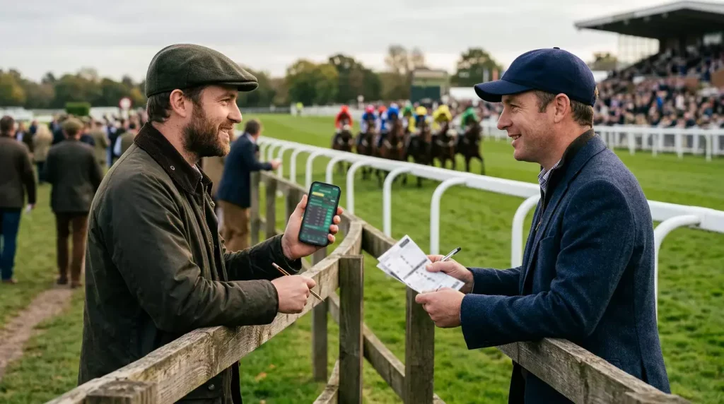 Betting exchange vs traditional sportsbook — two punters exchanging bets at a racecourse