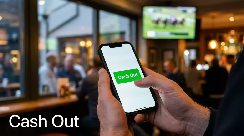 Person tapping a cash-out button on a mobile phone during a live horse race