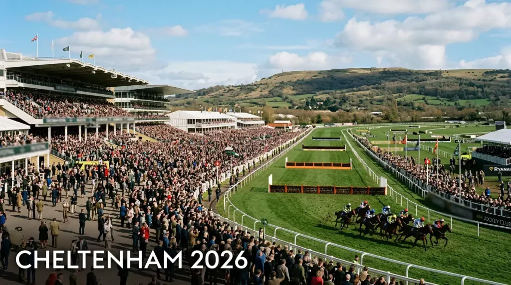 Cheltenham Racecourse grandstand and course with crowd on Gold Cup day under spring skies