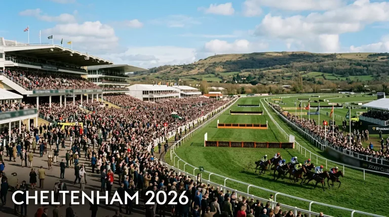 Cheltenham Racecourse grandstand and course with crowd on Gold Cup day under spring skies