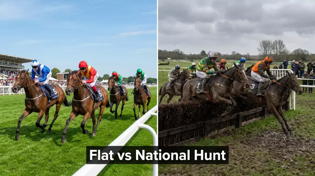 Split image showing a flat race on summer turf and a National Hunt steeplechase in winter side by side
