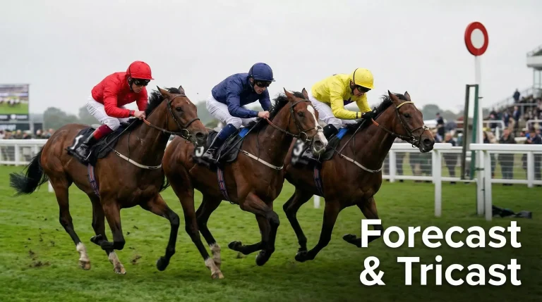 Three horses racing neck and neck towards the finish at a UK racecourse illustrating exact finishing order