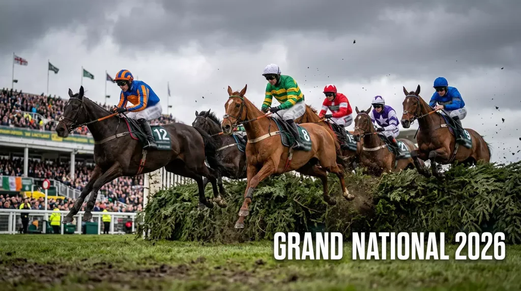 Horses jumping the famous Aintree fences during the Grand National steeplechase race