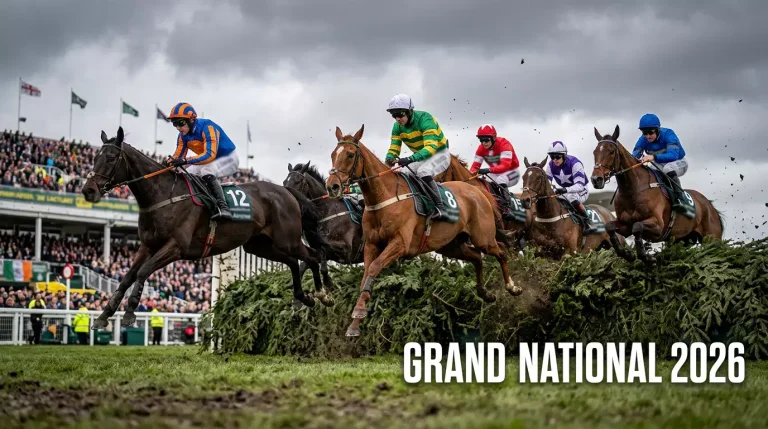 Horses jumping the famous Aintree fences during the Grand National steeplechase race