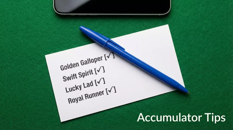 Betting slip with four horse racing selections highlighted on a green baize surface