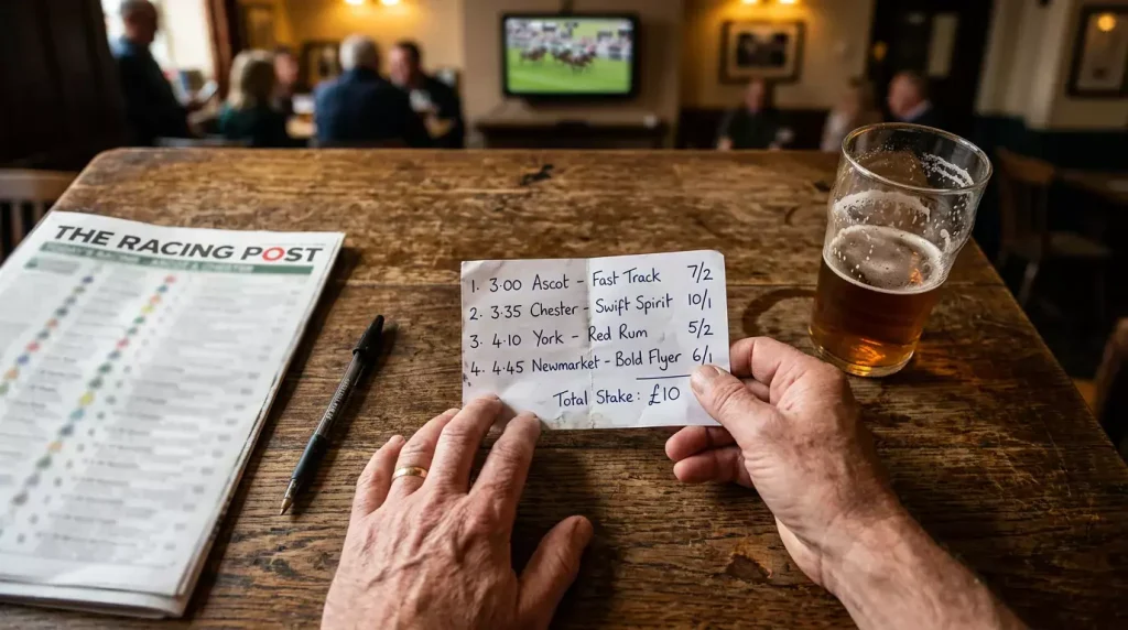 Horse racing bet types explained — betting slip with each-way selections on a racecard