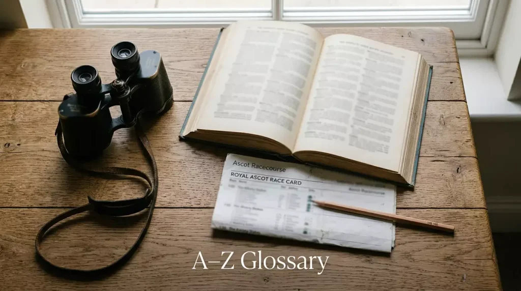 Open reference book with horse racing terminology alongside binoculars and a racecard at a UK racecourse