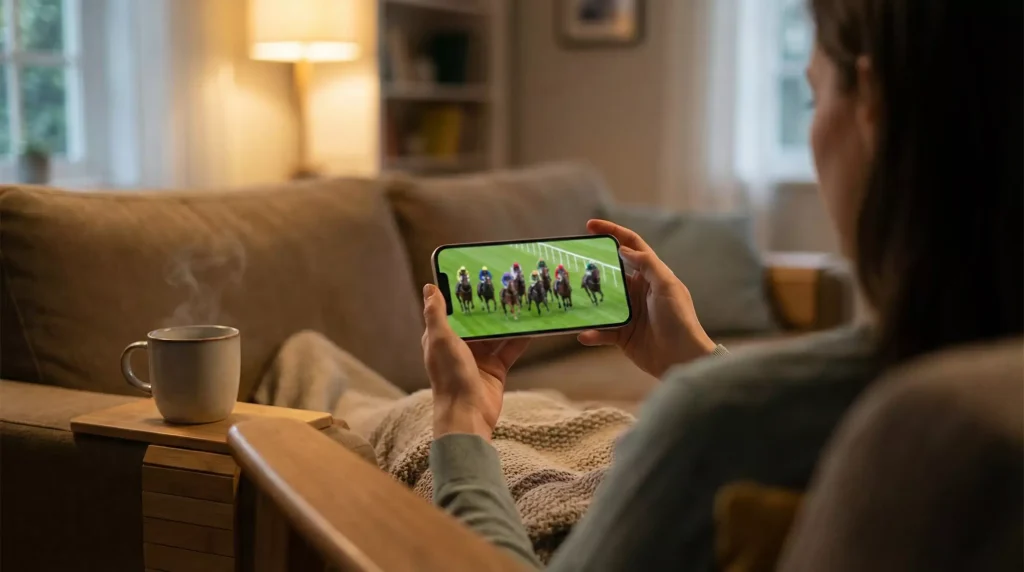 Person watching a live horse race on a smartphone screen at home with UK racing colours