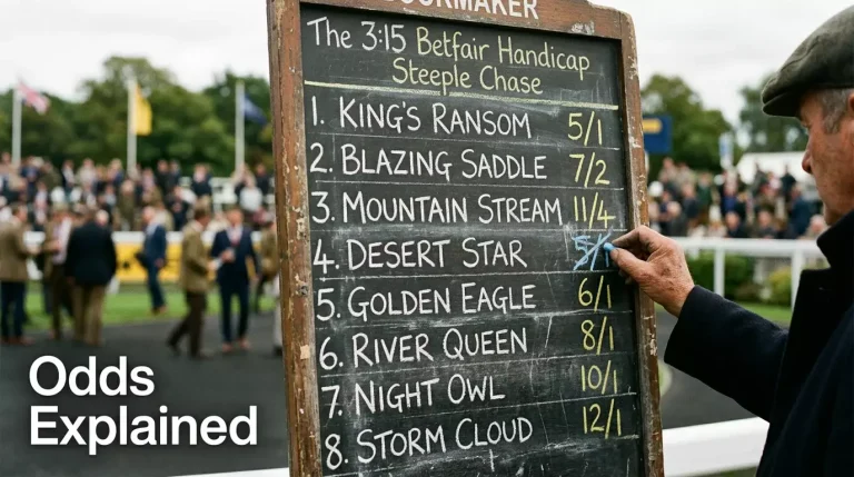 Traditional bookmaker chalk board showing fractional horse racing odds at a UK racecourse