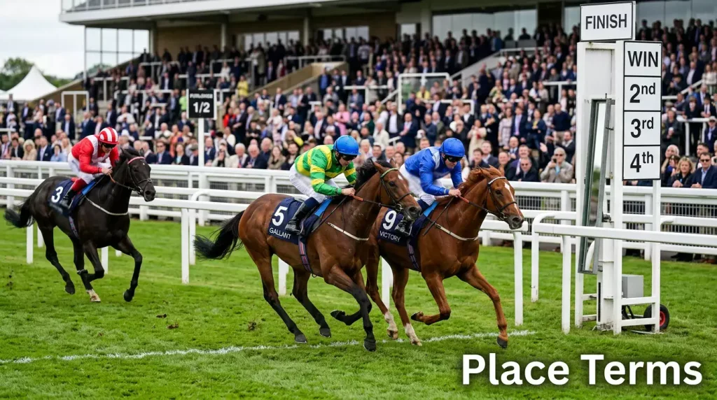 Horses finishing a race with second and third place positions highlighted at a UK racecourse