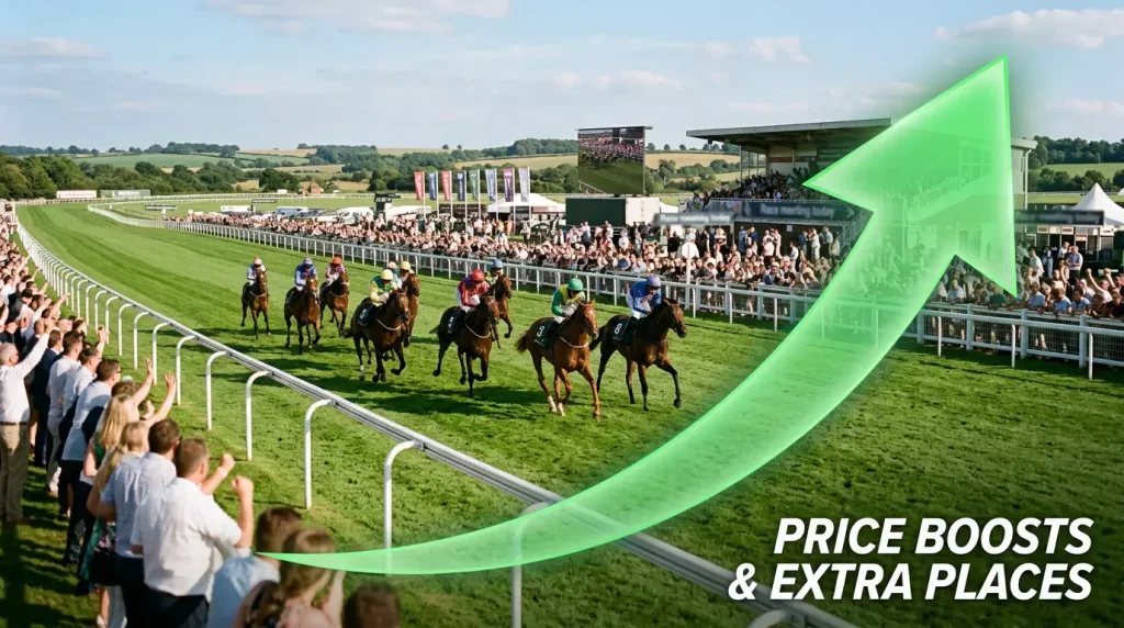Upward arrow symbol over a horse racing scene representing price boost promotions for existing customers