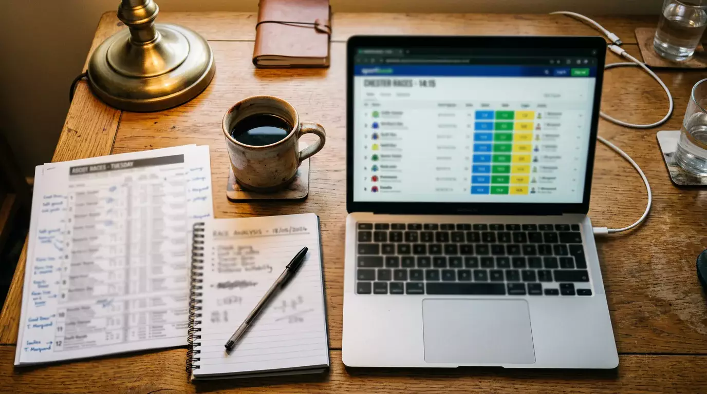 Analyst reviewing horse racing odds on a laptop screen with racecard notes on the desk