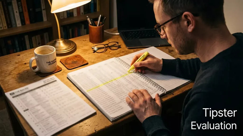 Person analysing horse racing tipster performance data in a notebook at a desk