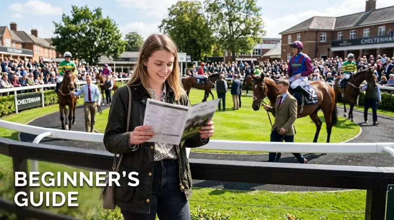 Beginner racegoer studying a racecard at a UK racecourse with horses parading in the background