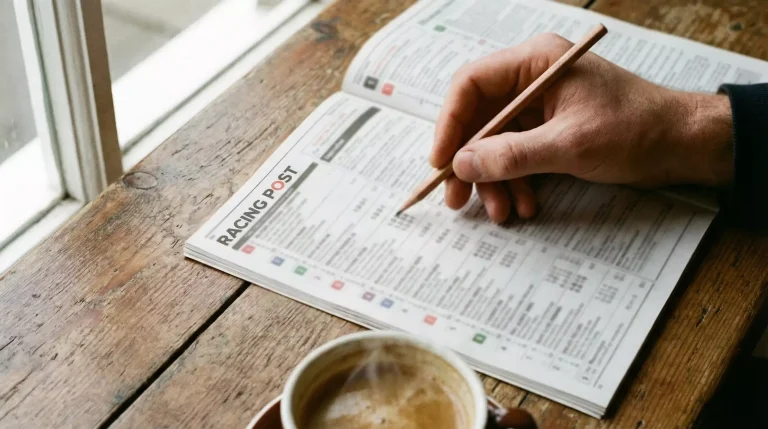 Close-up of a horse racing racecard page with form figures highlighted by a pencil on a wooden table