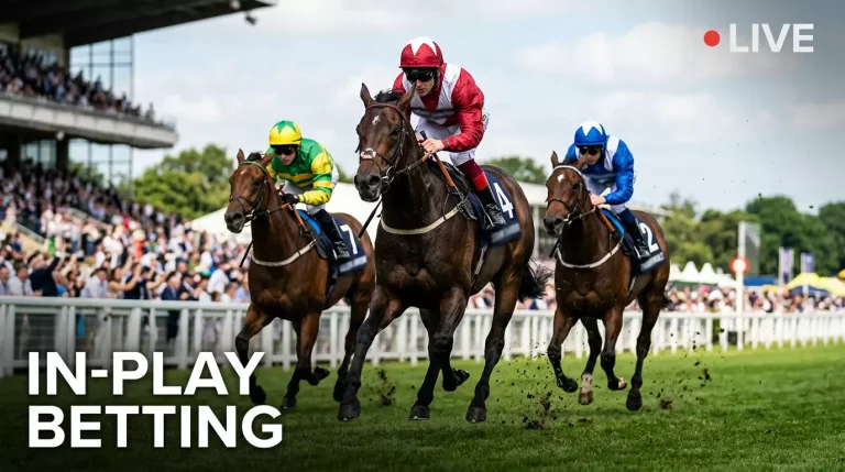 Horses racing at full gallop with dynamic live odds overlay symbolising in-play betting