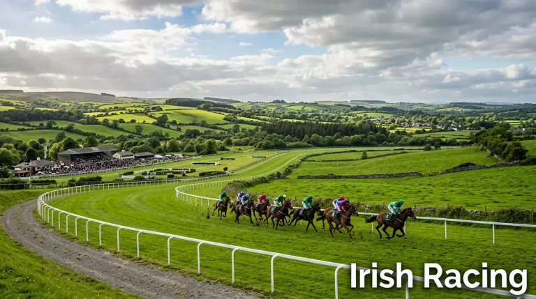 Irish racecourse with green rolling hills and horses racing on turf in the Emerald Isle