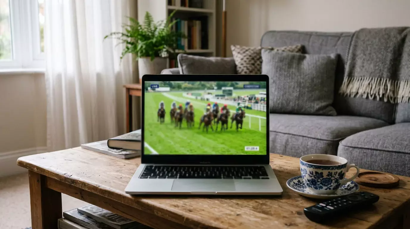 Live horse racing stream displayed on a laptop next to a cup of tea in a living room setting
