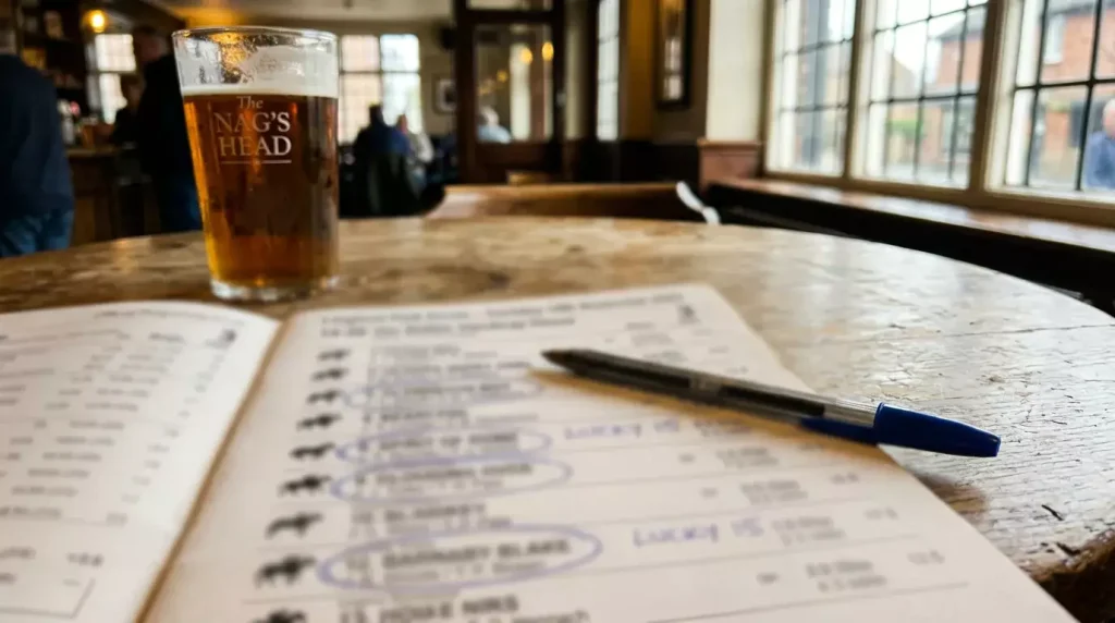 Four horse racing selections circled on a racecard with a pen and Lucky 15 written beside them