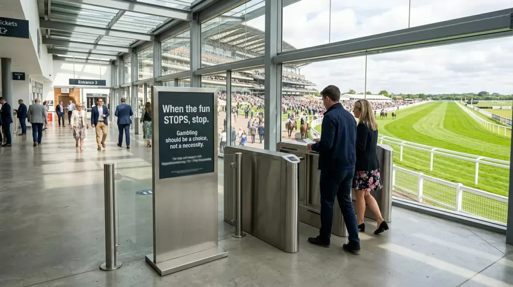 Responsible gambling in UK horse racing — UKGC shield emblem beside a racecourse grandstand