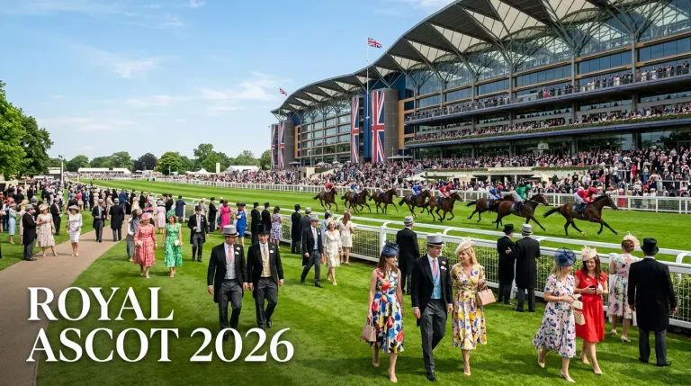 Elegant Royal Ascot racecourse scene with racegoers in formal dress and horses on the flat turf track