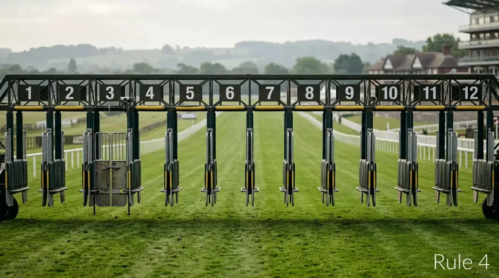 Empty starting stall at a UK racecourse symbolising a withdrawn horse and Rule 4 deduction