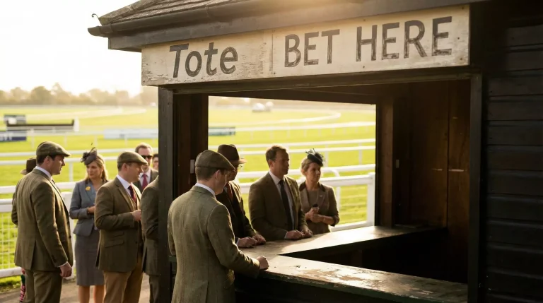 Tote pool betting window at a UK racecourse with queue of racegoers on a busy meeting day