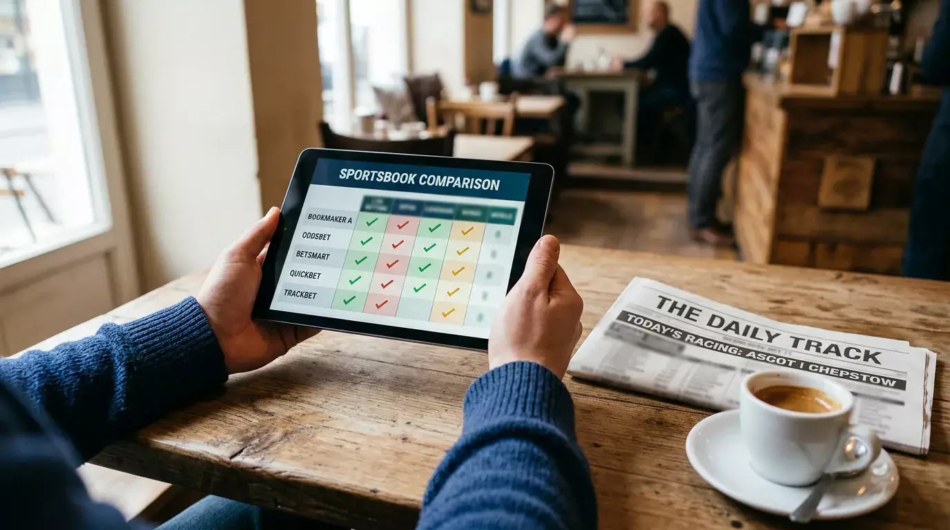 Row of sportsbook logos displayed on a tablet with a horse racing programme beside it