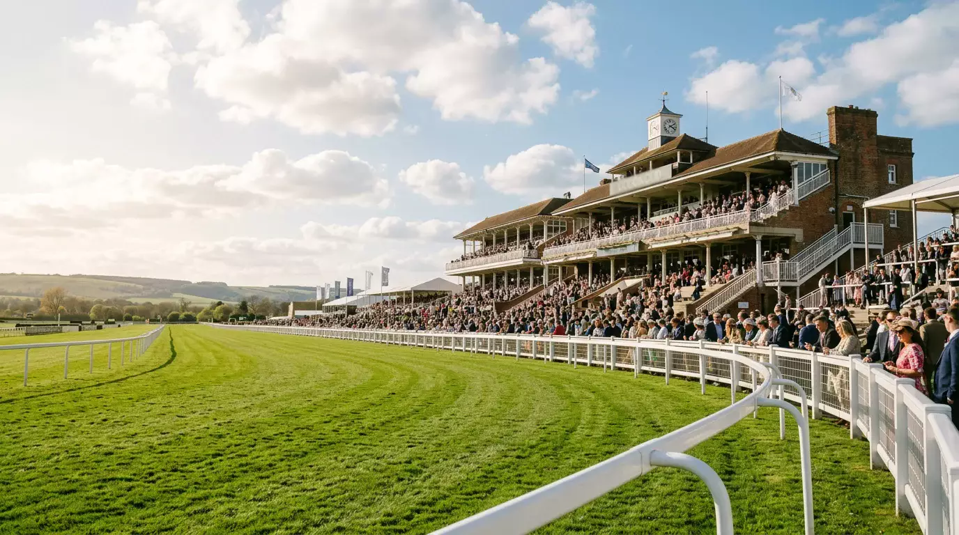 Sunlit British racecourse grandstand overlooking a green turf track on a spring afternoon