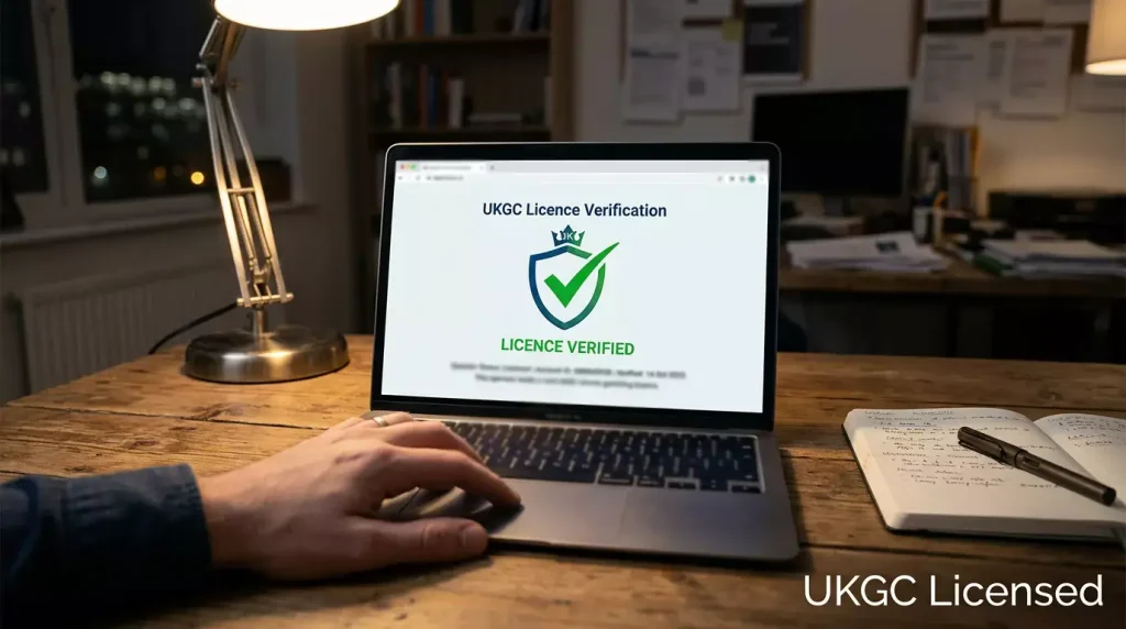 Close-up of a UKGC Gambling Commission licence badge on a laptop screen being checked by a user